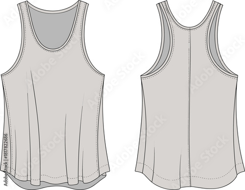 Women’s racerback tank top flat sketch with curved hem, sleeveless athletic shirt technical fashion CAD illustration for apparel designers