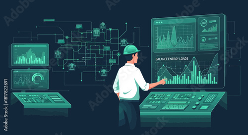 Energy infrastructure control room operator monitoring power grid network data
