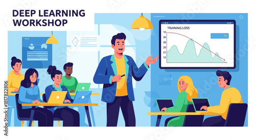 Informative deep learning workshop illustration conveying interactive learning