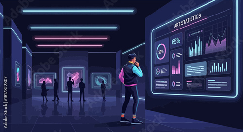 Modern art gallery with data visualization and visitors exploring artwork statistics