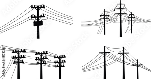 Silhouette collection of utility poles with power lines, transformers, electrical distribution system, rural and urban energy grid, electricity infrastructure, vector illustration design