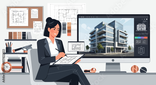 Architect at work creating a blueprint with a modern building design on screen