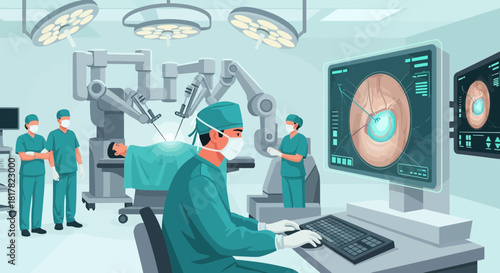 Illustration depicting robotic surgery, surgeons, and advanced medical technology