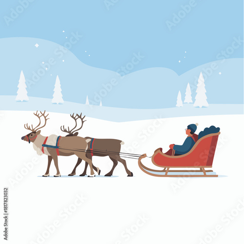 A person riding in a red sleigh pulled by two reindeer through a snowy winter landscape with pine trees.