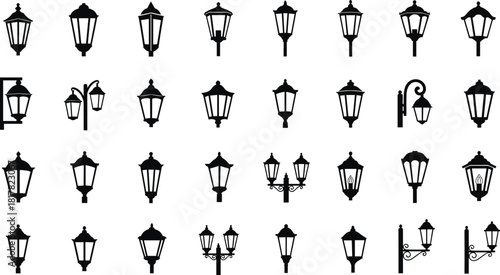 Silhouette collection of vintage street lamps, ornamental lamp posts, classical and decorative outdoor lighting, urban design, architectural infrastructure vector illustration
