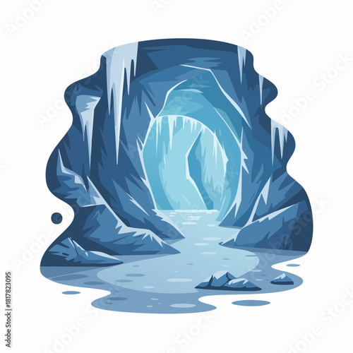 A stylized illustration of a mysterious blue ice cave with sharp icicles and a frozen path leading into its depths.