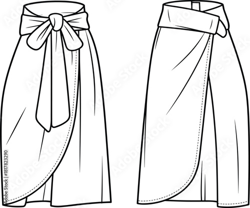 Women’s wrap skirt fashion flat sketch with tie-front bow, draped silhouette, asymmetric hem, technical garment illustration for clothing and apparel design