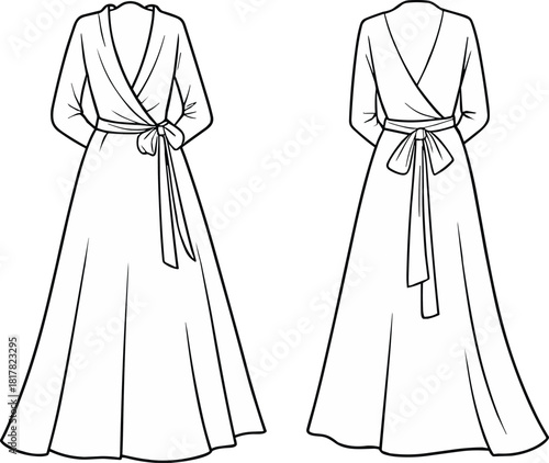 Wrap maxi dress flat sketch, long sleeve gown CAD template, fashion technical illustration, vector garment design outline with tied waist and flowing silhouette