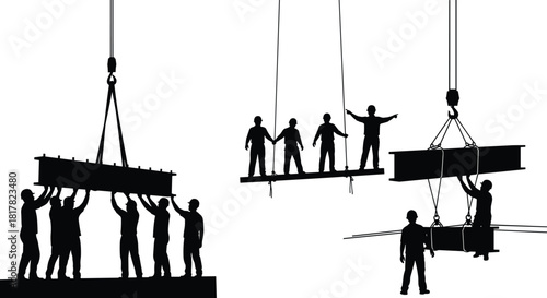 Silhouette construction workers guiding beams and standing on suspended platform lifted by cranes, teamwork, rigging, heavy lifting, and industrial building site illustration