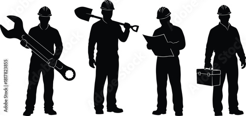 Silhouette construction workers with hard hats holding wrench, shovel, blueprint, and toolbox, representing teamwork, building labor, planning, and industrial site safety