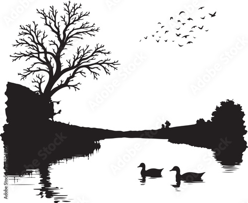 Black silhouette of a bare tree on a cliff overlooking a lake with ducks and birds