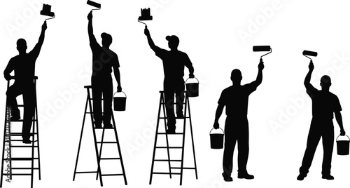 Silhouette group of painters using ladders and rollers with paint buckets, professional workers painting walls, home improvement, renovation, and construction teamwork