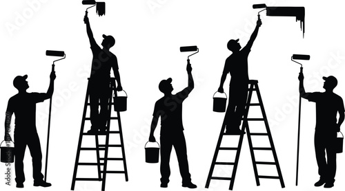 Silhouette group of painters using ladders and rollers with paint buckets, professional workers painting walls, teamwork in home improvement, renovation, and construction