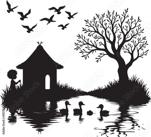 Black silhouette of a child by a hut with ducks and birds
