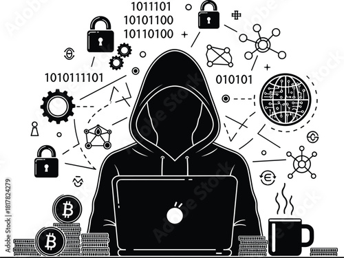 Silhouette hacker with laptop surrounded by cybersecurity icons, binary code, Bitcoin symbols, digital currency, online fraud, data protection, and cybercrime concept