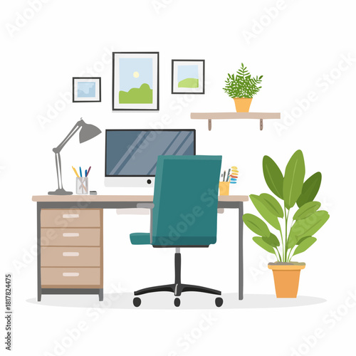Modern Home Office Setup with Desk Chair and Plants.