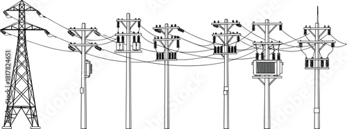 Silhouette illustration of electrical power distribution system, transmission tower with utilit