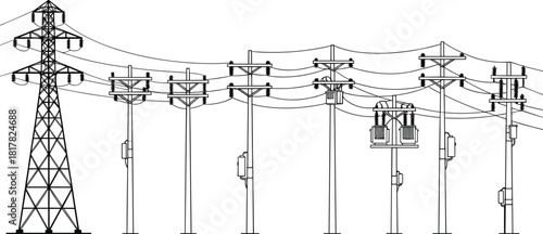 Silhouette illustration of electrical transmission tower with utility poles, transformers, power lines, high voltage electricity distribution, rural and urban energy infrastructure vector design