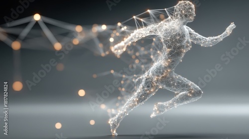 Fototapeta Naklejka Na Ścianę i Meble -  A dynamic, digital representation of a runner, created with interconnected lines and glowing nodes, symbolizing movement and energy.