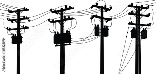 Silhouette illustration of multiple utility poles with transformers, power lines, electrical distribution system, rural and urban energy grid, electricity infrastructure vector design