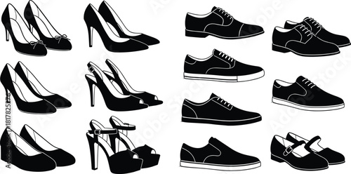 “Collection of stylish women and men shoes in black silhouette, high heels and formal footwear illustration set for fashion design projects”