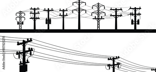 Silhouette illustration of transmission towers and utility poles, high voltage power lines, transformers, electricity distribution grid, rural and urban energy infrastructure vector design