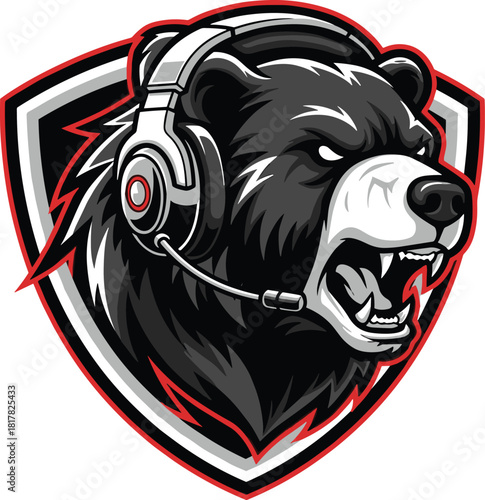 Aggressive bear mascot with gaming headset, modern esports logo design featuring fierce animal character, competitive gamer emblem illustration vector