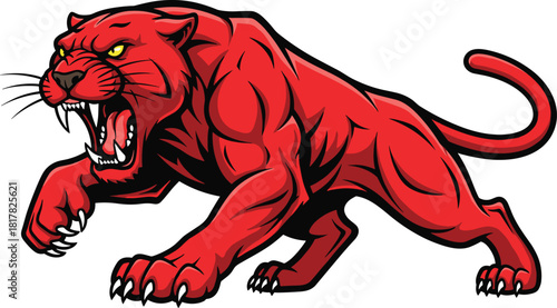 Aggressive red panther mascot illustration, fierce roaring big cat vector, powerful wild animal logo design, sports team emblem artwork