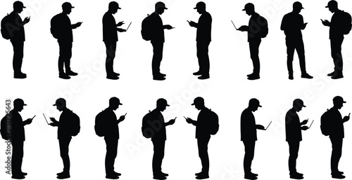 Silhouette man with backpack, mobile device vector, standing poses illustration, modern technology usage, tablet interaction design, digital lifestyle concept art