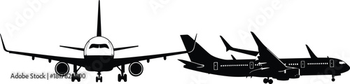 Airplane silhouette set, commercial jet illustration, aircraft front and side view, aviation graphic art, passenger plane design, flight transportation icon