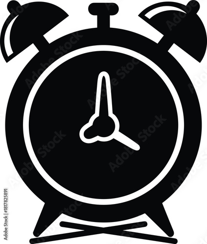 Alarm clock silhouette icon, classic retro timepiece graphic, bold black outline design, ringing alert symbol, minimalist vintage wake-up illustration