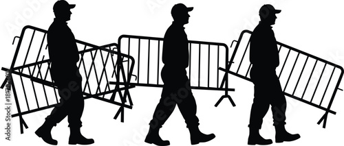 Silhouette people carrying barricades, crowd control barriers, event security setup, workers moving metal fence, public safety equipment, vector illustration of barrier relocation