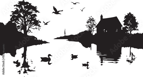 Black silhouette of a house and trees by a lake with ducks and birds