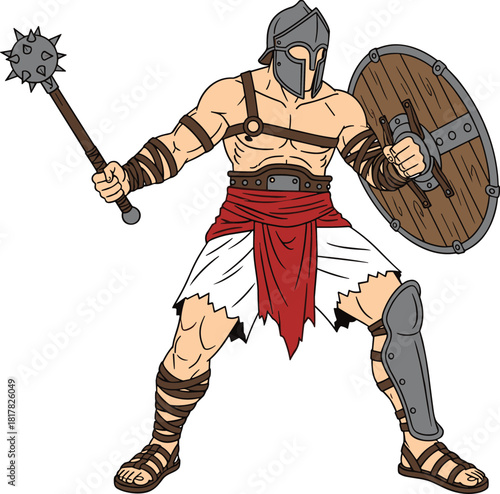 Ancient gladiator warrior illustration, armored fighter holding mace and shield, heroic battle pose, detailed vector art for historical combat design