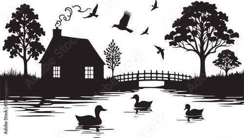 Black silhouette of a house bridge ducks and birds in a landscape