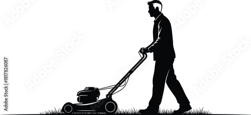 Silhouette person pushing lawn mower on grass, gardening and landscaping concept, outdoor yard maintenance, home care, and seasonal lawn cutting illustration