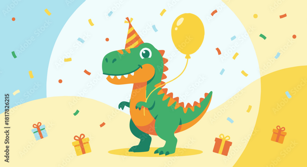 Fototapeta premium Dinosaur with Birthday Hat Flat vector dinosaur wearing a party hat, holding a balloon, fun bright colors, perfect for kids' birthday graphics, simple and playful.
