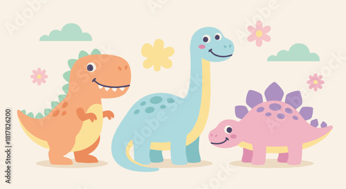 Dinosaur Friends Group
Flat vector group of three cute dinosaurs (T-rex, stegosaurus, brontosaurus), soft pastel palette, simple shapes, happy expressions, kids clipart style.