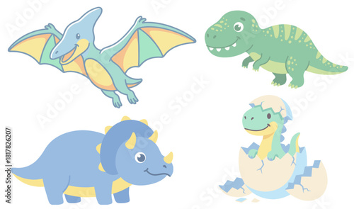 Playful Pterodactyl, Little Triceratops, Cute Baby T-Rex, Baby Dino Hatching From Egg