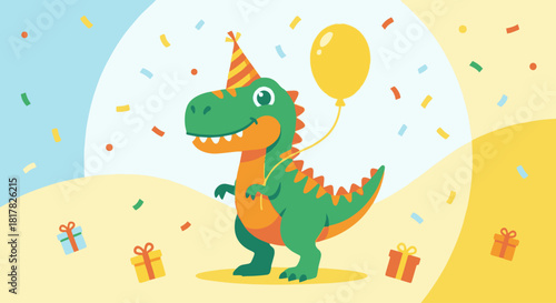 Dinosaur with Birthday Hat
Flat vector dinosaur wearing a party hat, holding a balloon, fun bright colors, perfect for kids' birthday graphics, simple and playful.