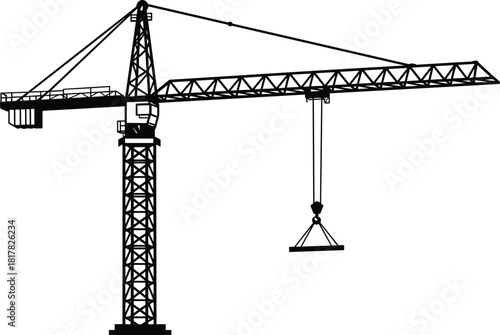 Silhouette tower crane with hook lifting load, detailed construction machinery showing mast, jib, counterweight, operator cab, engineering and building industry equipment