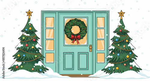 Festive front door decorated for the Christmas holidays with two lit trees and a wreath in a snowy winter scene