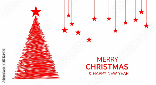 Red Christmas Tree with Hanging Stars and Merry Christmas Greeting