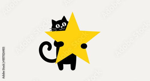 Whimsical Black Cat Holding a Shining Golden Star, Symbolizing Achievement and Good Fortune