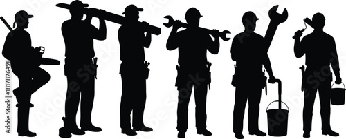 Skilled trades silhouettes, workers with chainsaw, carpenters carrying planks, plumber with wrench, painter with roller, diverse professions, vector illustration of manual labor jobs