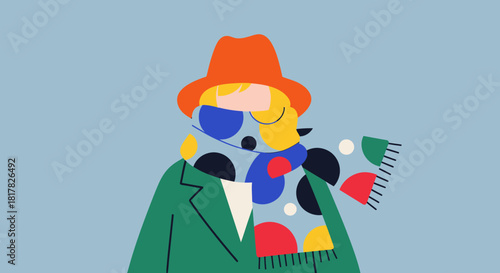 Vibrant Abstract Illustration of a Stylish Character Wearing a Bold Orange Hat, Colorful Scarf, and Elegant Green Coat, Embodying Modern Fashion and Artistic Expression
