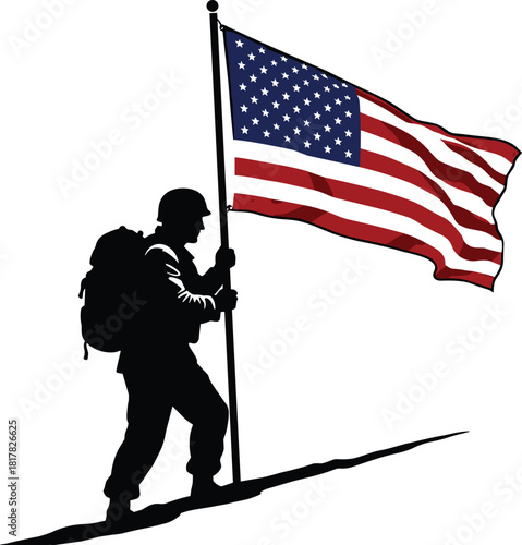 Soldier silhouette walking uphill, American flag waving, military service illustration, patriotism concept, national pride vector design of armed forces
