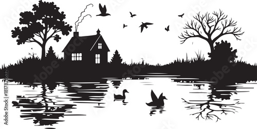 Black silhouette of a house by a lake with ducks and birds