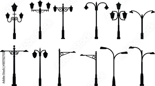 Street lamp silhouettes collection, ornate classical designs, modern minimalist styles, urban lighting illustration, architectural elements, vector set of decorative lamp posts