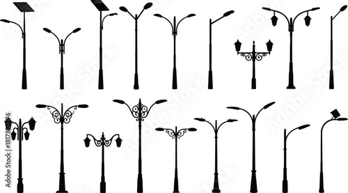 Street lamp vector illustration set, urban lighting pole silhouettes, modern and classic designs, solar panel lamps, decorative lantern posts, city infrastructure graphics